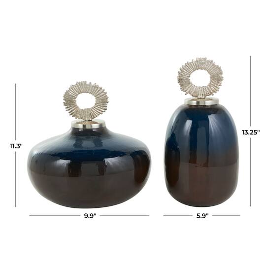 Blue Metal Ombre Decorative Jars with Brown Accents & Silver Ring Handles Set
